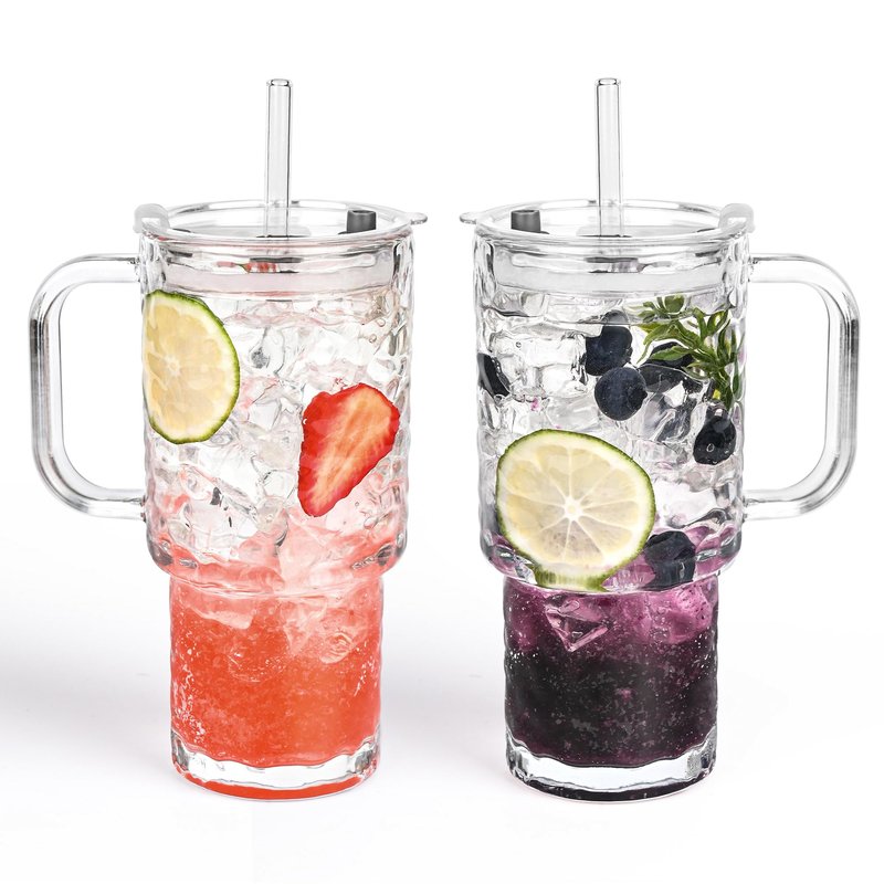 Oroklis 17oz Glass Tumbler with Handle & Lid – 2-Pack Iced Coffee Cups with Straws, Glass Mug for Cold & Hot Beverages Travel Cup for Smoothies, Tea, and Juice (clear-Glacial pattern-2pack)