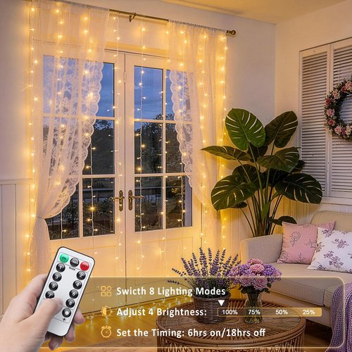 JMEXSUSS 200 LED Curtain Lights for Bedroom, Warm White Curtain Fairy Lights for Backdrop Indoor, USB Hanging String Lights with Remote for Wall Backdrop Wedding Party Decor, 6.5ftx6.5ft