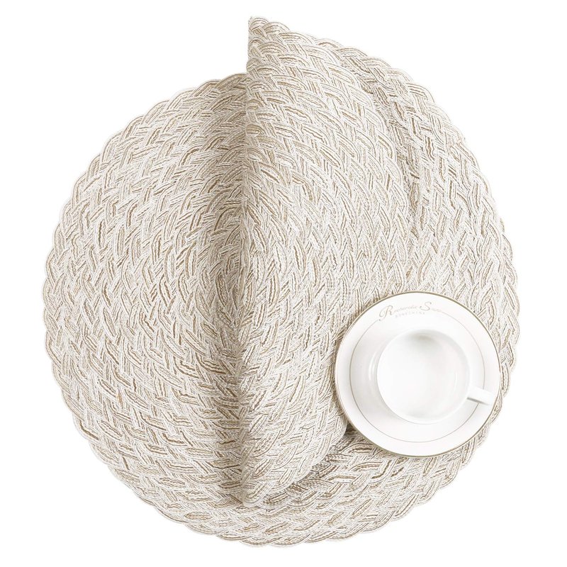 SHACOS Round Braided Placemats 15 inch Set of 6 Boho Thick Washable Kitchen Table Placemats for Home Wedding Party (T-Ivory, 6)