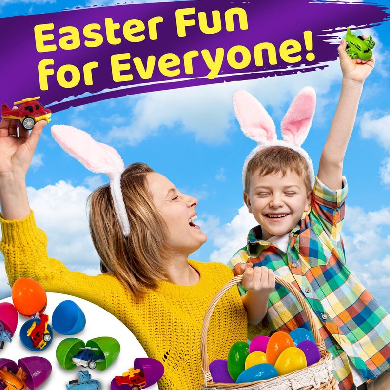 stargo 16 Pack Colorful Prefilled Easter Eggs bulk with toys - mini Aircraft, pull-back Helicopters & Airplanes. Plastic Easter Eggs Filled, Basket Fillers Egg Hunts, Party Favors, Boys Goodie Bags