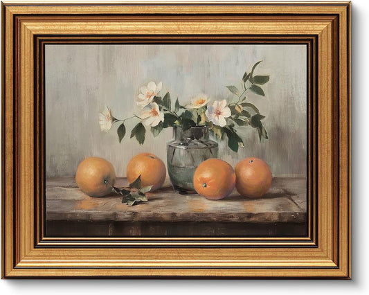 VIYYIEA Vintage Gold Framed Canvas Prints - Rustic Still Life Oranges Wall Art | 8x10 Inch for Kitchen & Dining Room