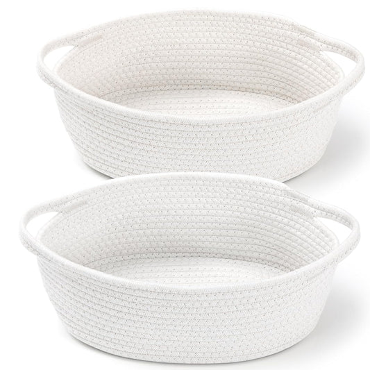 Skiennix Small Woven Baskets - Cute Nursery Storage with Gift Bags & Ribbons | 12"x 8"x 5", White