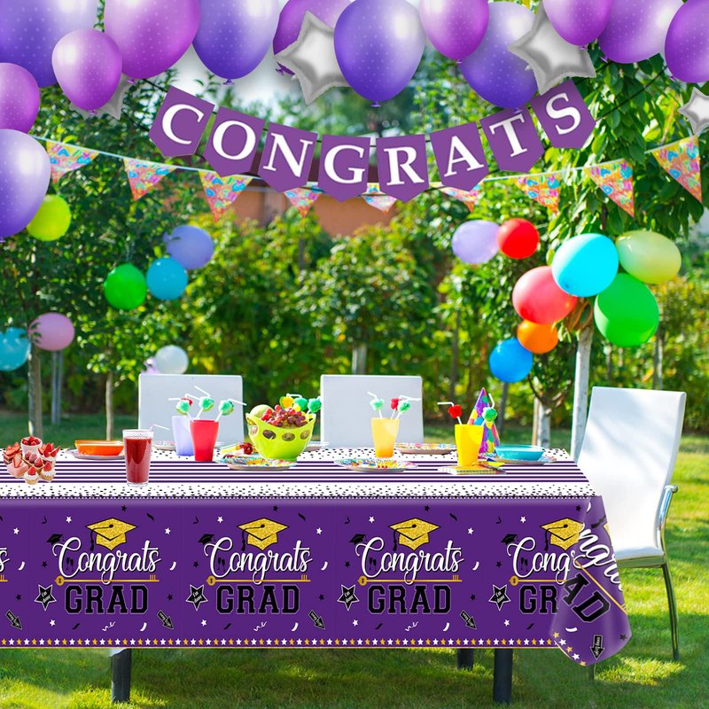 Graduation Tablecloth Party Decorations, 3 Pack Class of 2026 Congrats Grad Purple Graduation Party Tablecover Rectangle Plastic Table Cloth Disposable Table Covers Party Supplies, Large Size 54"x108"