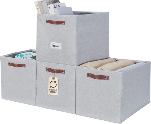 DECOMOMO Storage Baskets - 13x15x13 Cube Bins with Labels for Organized Shelves | 4-Pack, Light Grey
