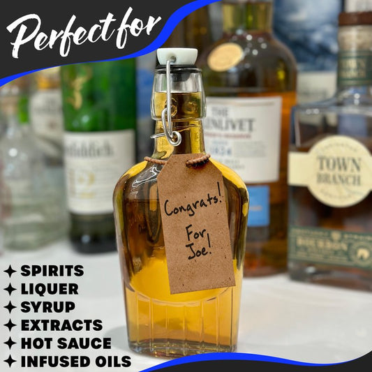 Nevlers 8 Pack 8.5 Oz Glass Flask for Liquor | 250 mL Swing Top Bottles For Use as Vanilla Extract Bottles | Flip Top Glass Bottle Set with Funnel, Paper Tags, Shrink Wraps, Bottle Brush & Gold Marker