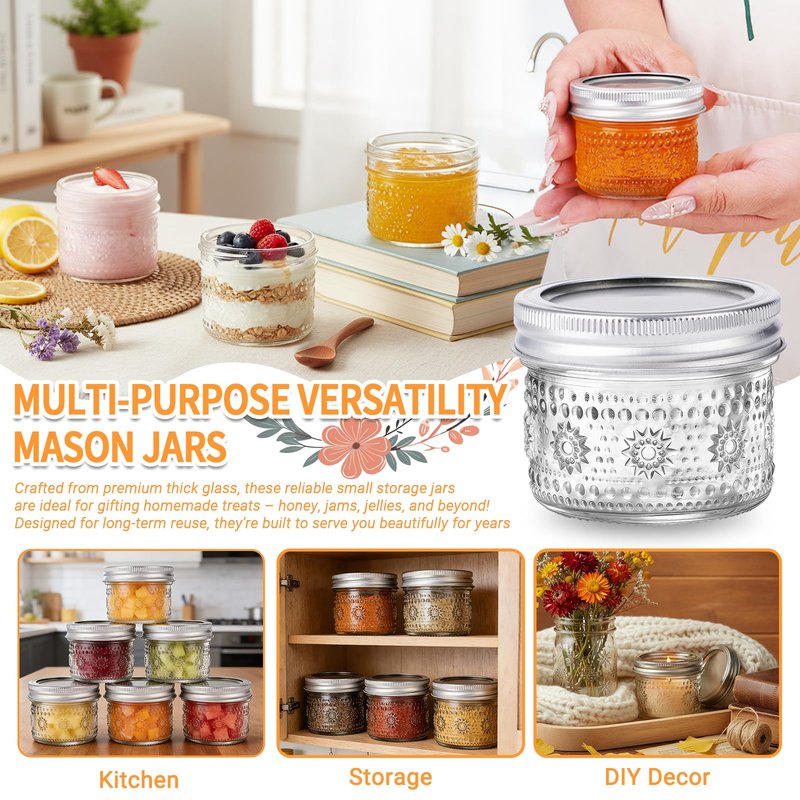 igoelove 4 oz Mason Jars with Embossed Pattern 24 Pack | Small Canning Jars with Airtight Lids | Mini Glass jars for Jams, Jelly, Honey, Spices, DIY Candles, Wedding Favors and Gift Packaging