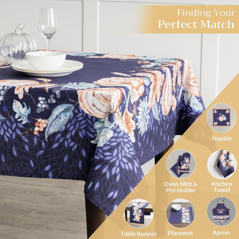 Maison d' Hermine Table Cloth Rectangle Table 100% Cotton 70 x 120 Inches Fall Tablecloth Reusable Everyday Use for Thanksgiving Christmas Decorations Dining Farmhouse Party (Pumpkin Blues)