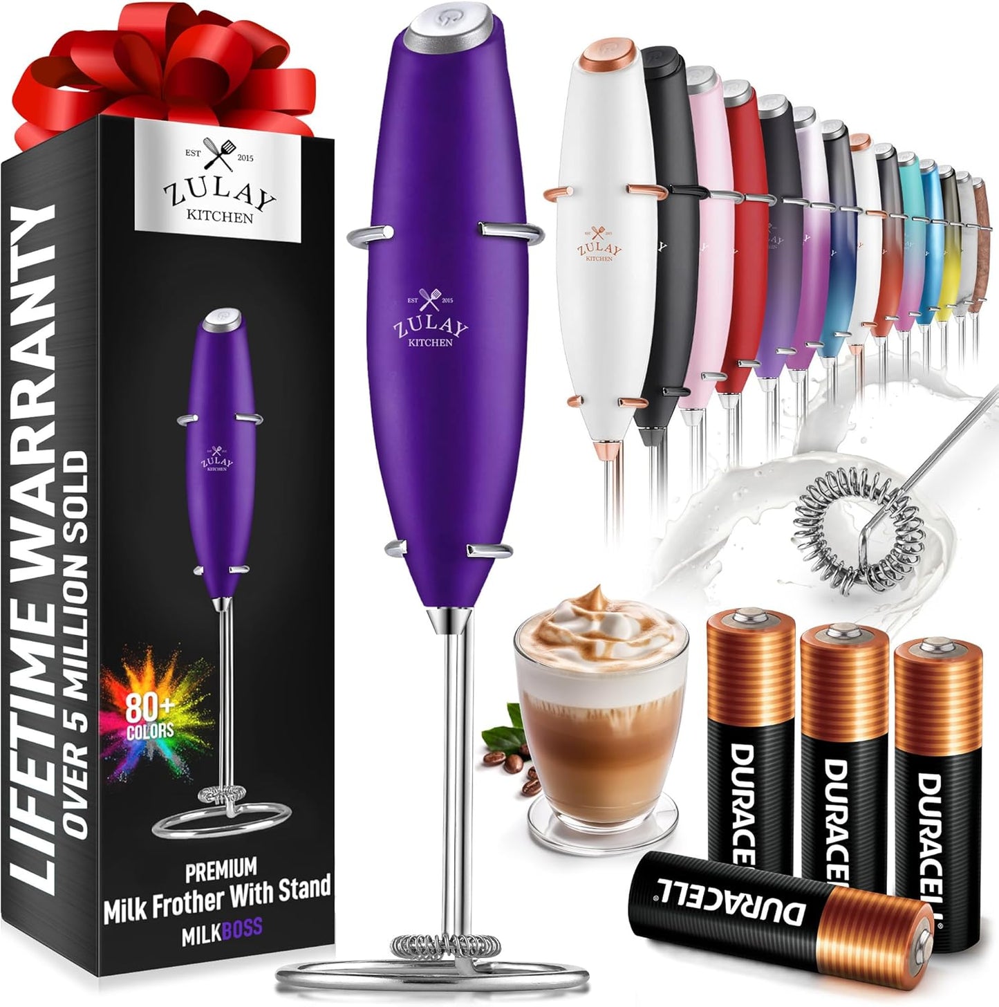Zulay Kitchen Milk Frother Wand - Ultra Fast Handheld Electric Whisk for Coffee & Lattes - Grape Color