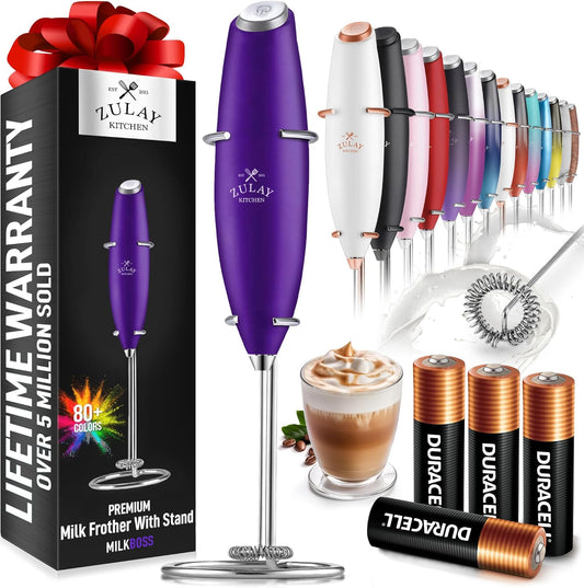 Zulay Kitchen Milk Frother Wand - Ultra Fast Handheld Electric Whisk for Coffee & Lattes - Grape Color