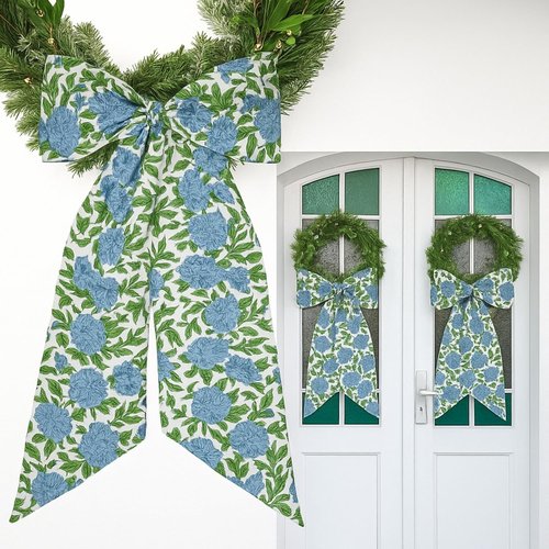HunnmingRe Hydrangea Bow Wreath Sash - 24 x 16 Inch Holiday Floral Decor for Front Door | Blue Green