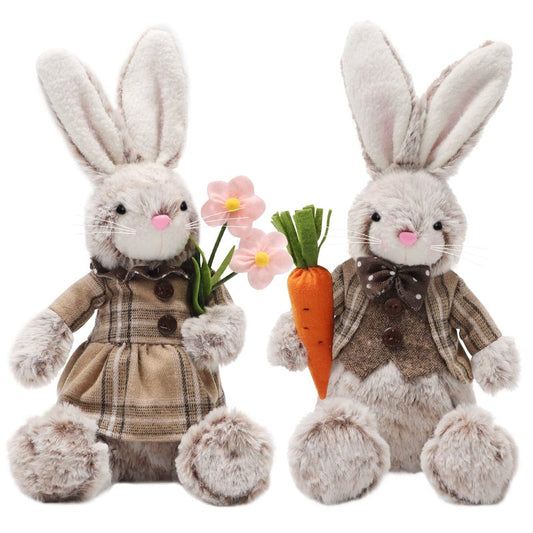 Juegoal 2 Pack Easter Bunny, 12.6" Handmade Huggable Rabbits Couple, Easter Basket Rabbits, Cute Bunny Party Favor Figurine, Spring Tabletop Holiday Room Decorations