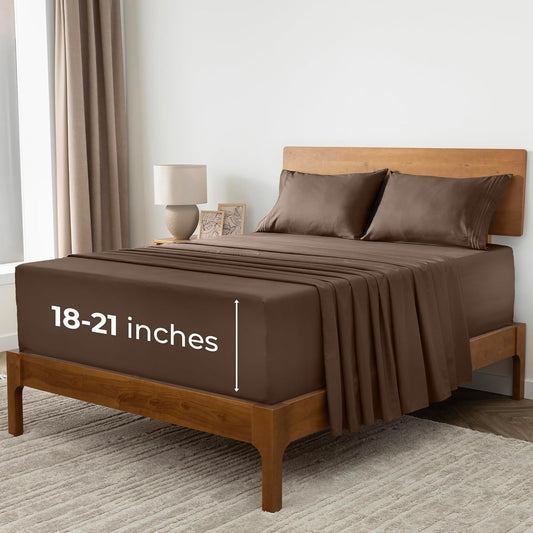 Mellanni Extra Deep Full Sheets - Hotel Luxury, Ultra Soft & Cooling Bedding - Wrinkle & Stain Resistant (Full, Brown)