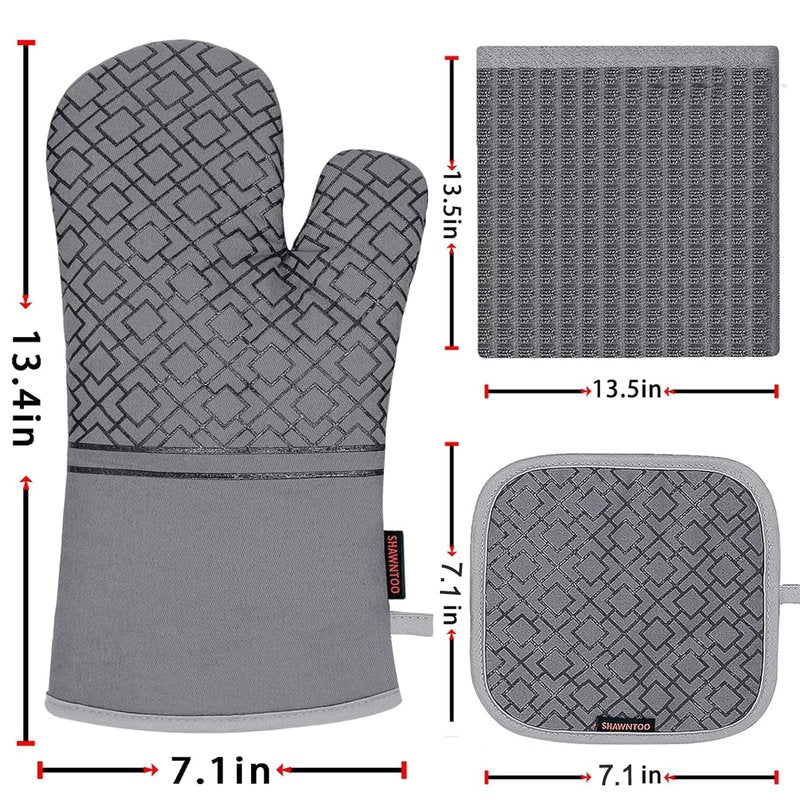 Oven Mitts and Pot Holders Sets 6pcs, Kitchen Oven Glove,High Heat Resistant 550 Degree Extra Long Oven Mitts and Potholders with Non-Slip Silicone Surface for Home Essentials (Grey) (Gray)