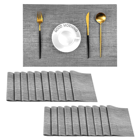 Leetaltree Grey Placemats, Heat Resistant Non-Slip Place mats for Dining Table, Washable Durable PVC Vinyl Woven Table Mats (Set of 20)