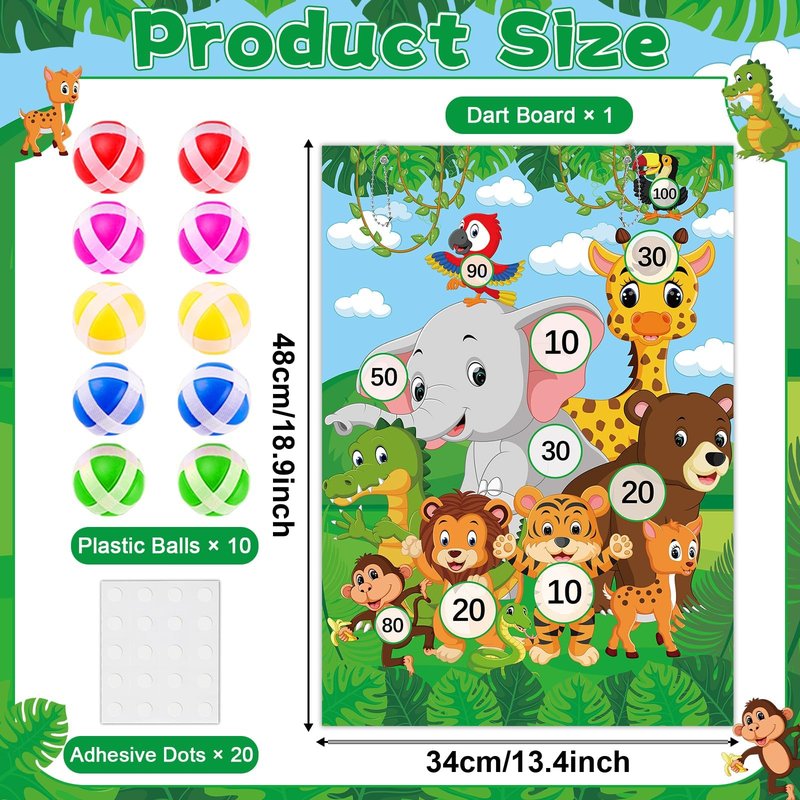 Dart Board for Safari Animals Dart Board Birthday Party Decorations with 10 Sticky Balls Felt Cloth Wild Jungle Theme Party Games 19.1x13.4 Inches Indoor Outdoor Games Gifts for
