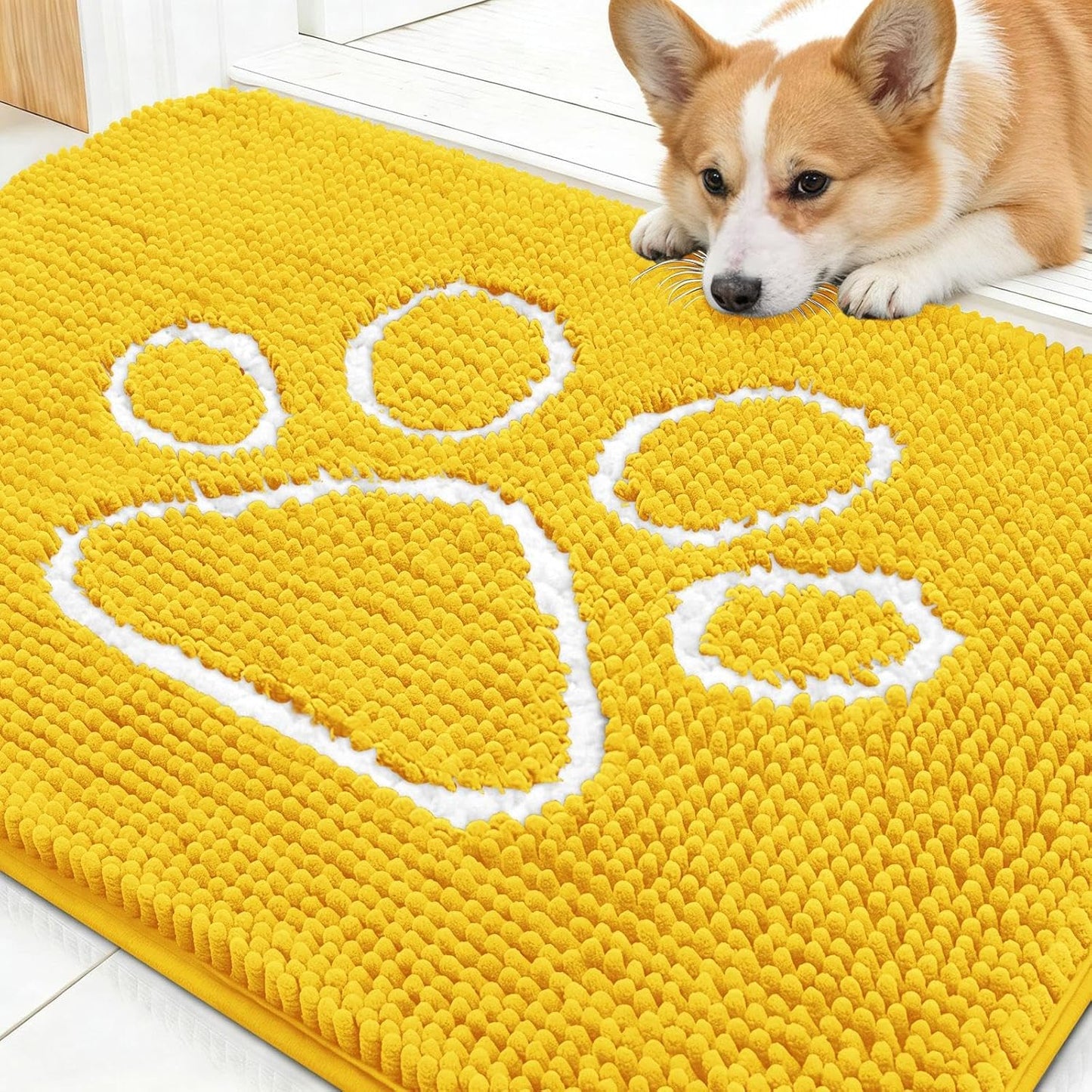 OLANLY Dog Door Mat - Absorbent Non-Slip Mud Mat for Muddy Paws | 30x20 Paw Print Design, Quick Dry Yellow