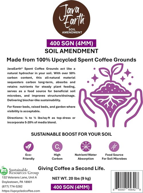 Java Earth 400 SGN Coffee Grounds - Premium Soil Amendment, 20 lbs (9.072kg) for Healthy Plants