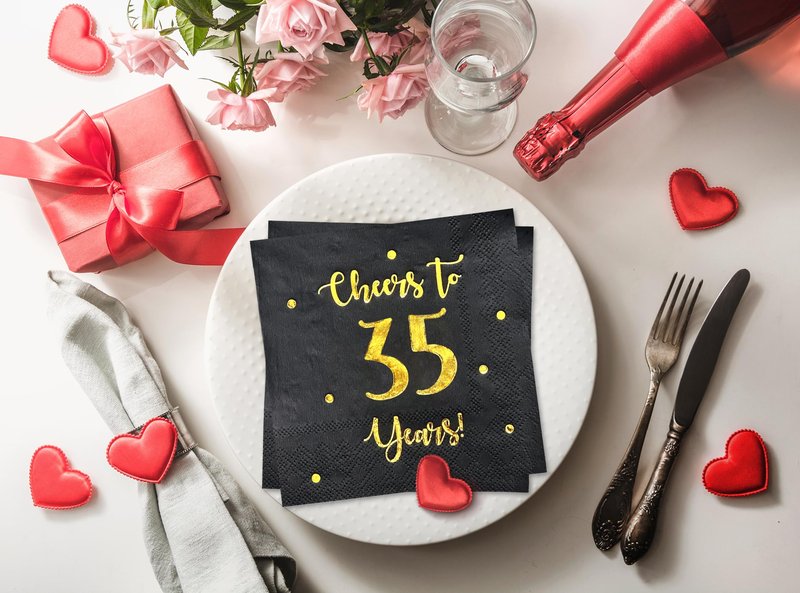 Cheers to 35 Years Cocktail Napkins | Happy 35th Birthday Decorations for Men and Women and Wedding Anniversary Party Decorations | 50-Pack 3-Ply Napkins | 5 x 5 inch folded (Black)