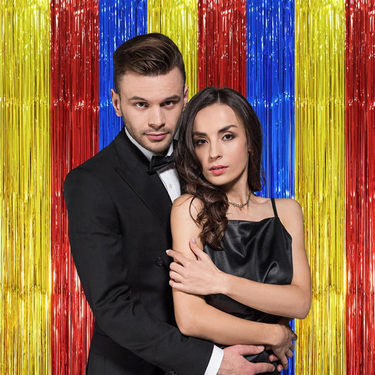 Voircoloria 3 Pack 3.3 x 8.2 ft Blue Red Gold Foil Fringe Backdrop Curtains, Tinsel Streamers Party Decorations, Fringe Backdrop, Door Shimmer for Birthday Party