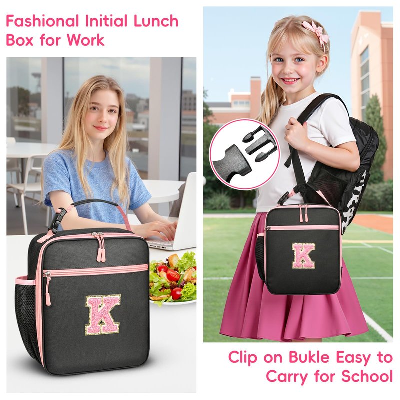 WOBAGMEN Initial Lunch Box for Women Girls,Insulated Lunch Bag with Monogram Letter,Cute Personalized Thermal Lunch Box for Teens Kids Adult for Work Camping Back to School Gift (pink, K)