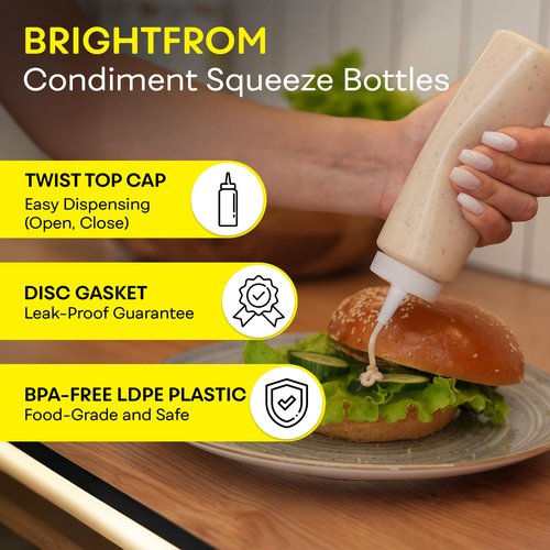 BRIGHTFROM Condiment Squeeze Bottles, CLEAR 8 OZ Empty Squirt Bottle with Wide Neck - Great for Ketchup, Mustard, Syrup, Sauces, Dressing, Oil, BPA FREE Plastic - 2 PACK