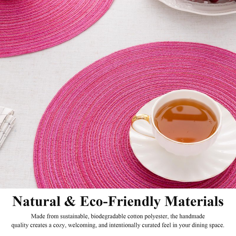 SHACOS Round Braided Placemats Set of 6 Cotton Round Place Mats 15 inch Washable Table Mats for Dining Table Holiday Party (Hot Pink, 6)