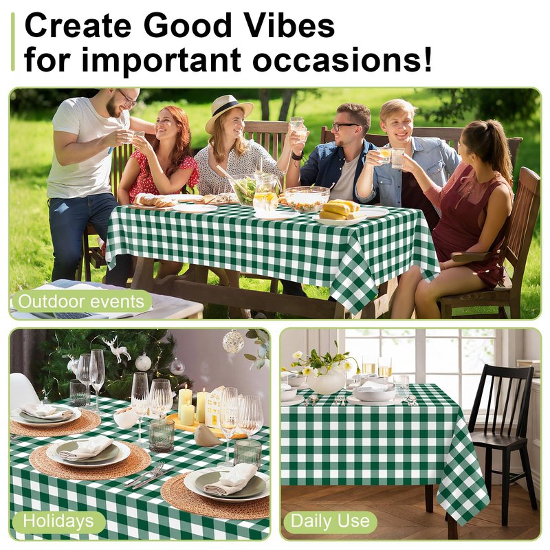 QIKSION Green Gingham Tablecloth Disposable 2 Pack, 54 x 108 Inch Green and White Checkered Table Cloth for Camping, Birthday, Masters Golf Party Supplies, Rectangle, Plastic Table Cover