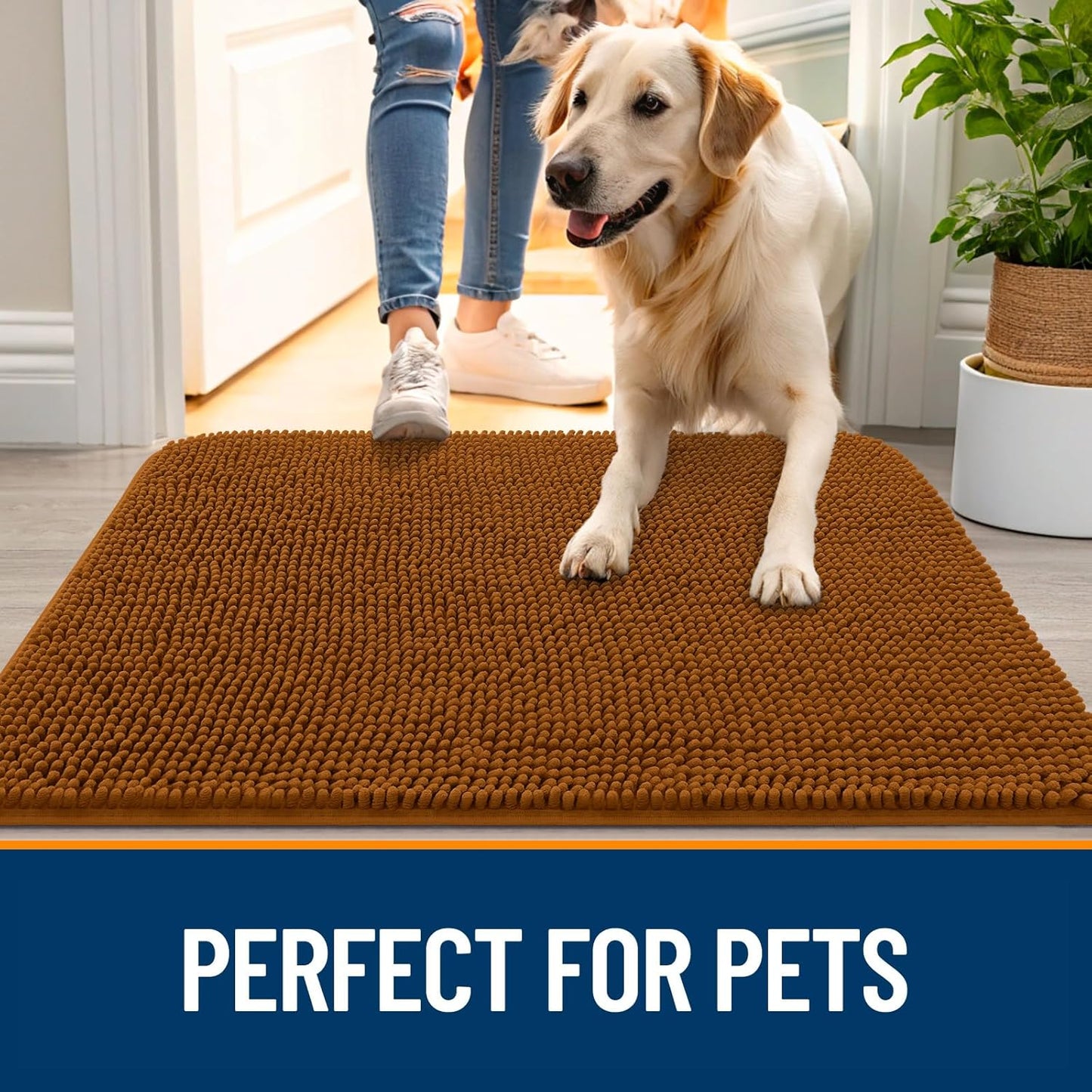 OLANLY Dog Door Mat - Absorbent Non-Slip Chenille Mat for Muddy Paws | 44x24 Inches, Ochre Color