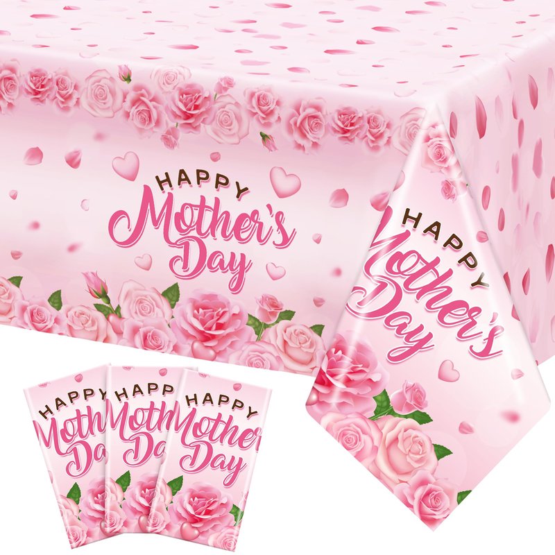 QZYL 3 Pack Mothers Day Table Cloths, 108" x 54" Mother's Day Decorations, Plastic Pink Disposable Table Decor with Roses Floral Flowers, Waterproof Rectangular Tablecloth for Best Mom Party Supplies