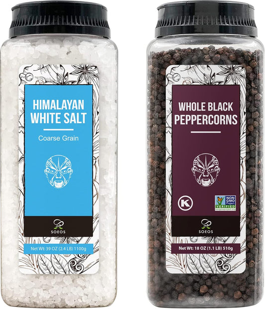 Soeos Himalayan Sea Salt & Whole Black Peppercorns - Coarse Grain, 39 oz & 18 oz Refill Set