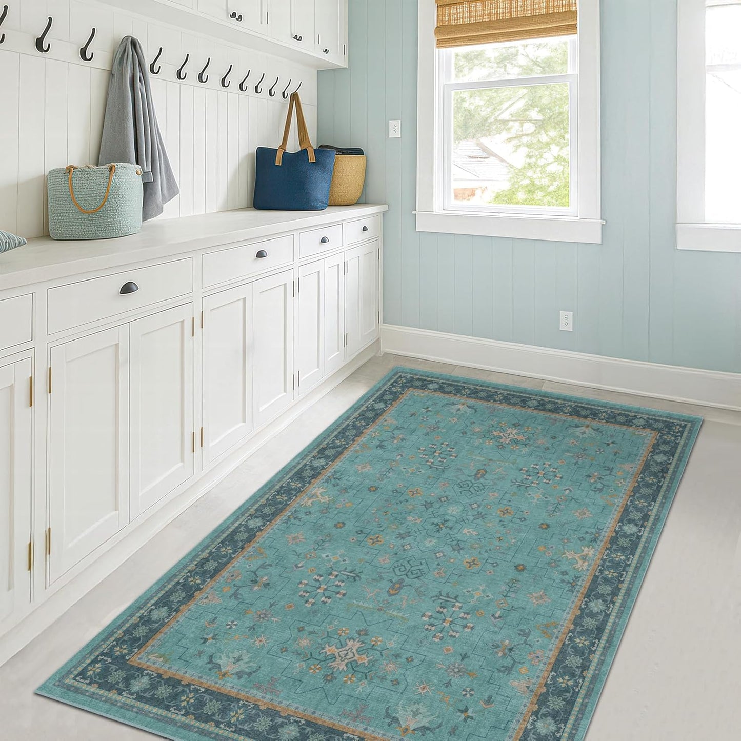 Skiennix Washable Teal Rug - 3x5 Indoor Throw Rug for Kitchen, Bedroom, Bathroom | Non-Slip, Fade-Resistant Boho Décor