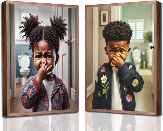 Regine Switzerland Funny Black Kids Bathroom Wall Art - 2Pcs Canvas Prints for Humorous Decor
