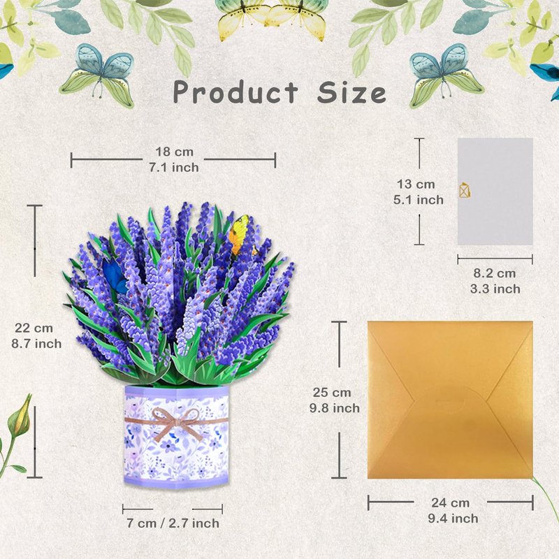 ROBBEAR Lavender Bouquet Pop Up Card, 3D Flower Greeting Card with Envelope for Any Occasion, Birthday, Mother's Day, Anniversary, Valentines Day, Foldable Flower Cards for Wife or Friends