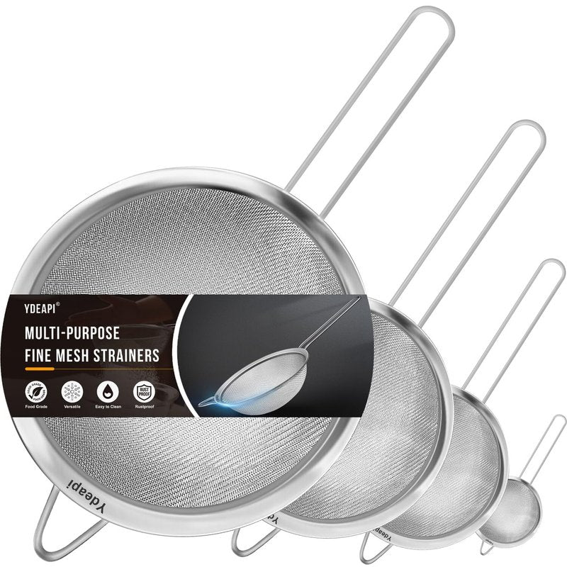 Ydeapi Fine Mesh Strainer, Stainless Steel Kitchen Strainers with Sturdy Handle, Set of 4 Metal Sieve for Food, Rice, Quinoa, Tea - 8.6", 6.3", 4.6", 2.7"