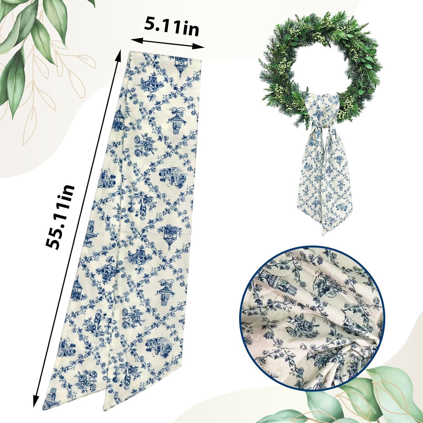 Skiennix Blue Floral Wreath Sash - Satin Burlap Ribbon for Indoor/Outdoor Decor | 5.11 x 55.1 Inches