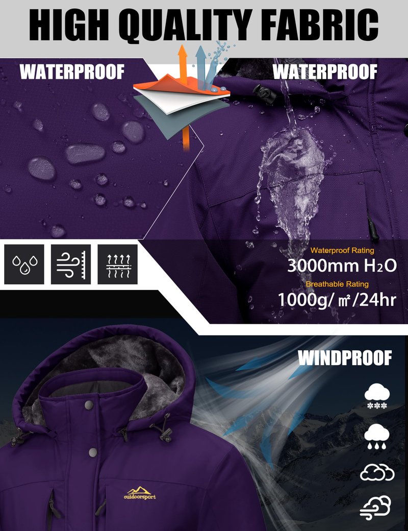 MAGCOMSEN Ski Coats for Women Winter Waterproof Warm Insulated Thermal Snowboarding Jacket Windproof Purple Raincoat XL