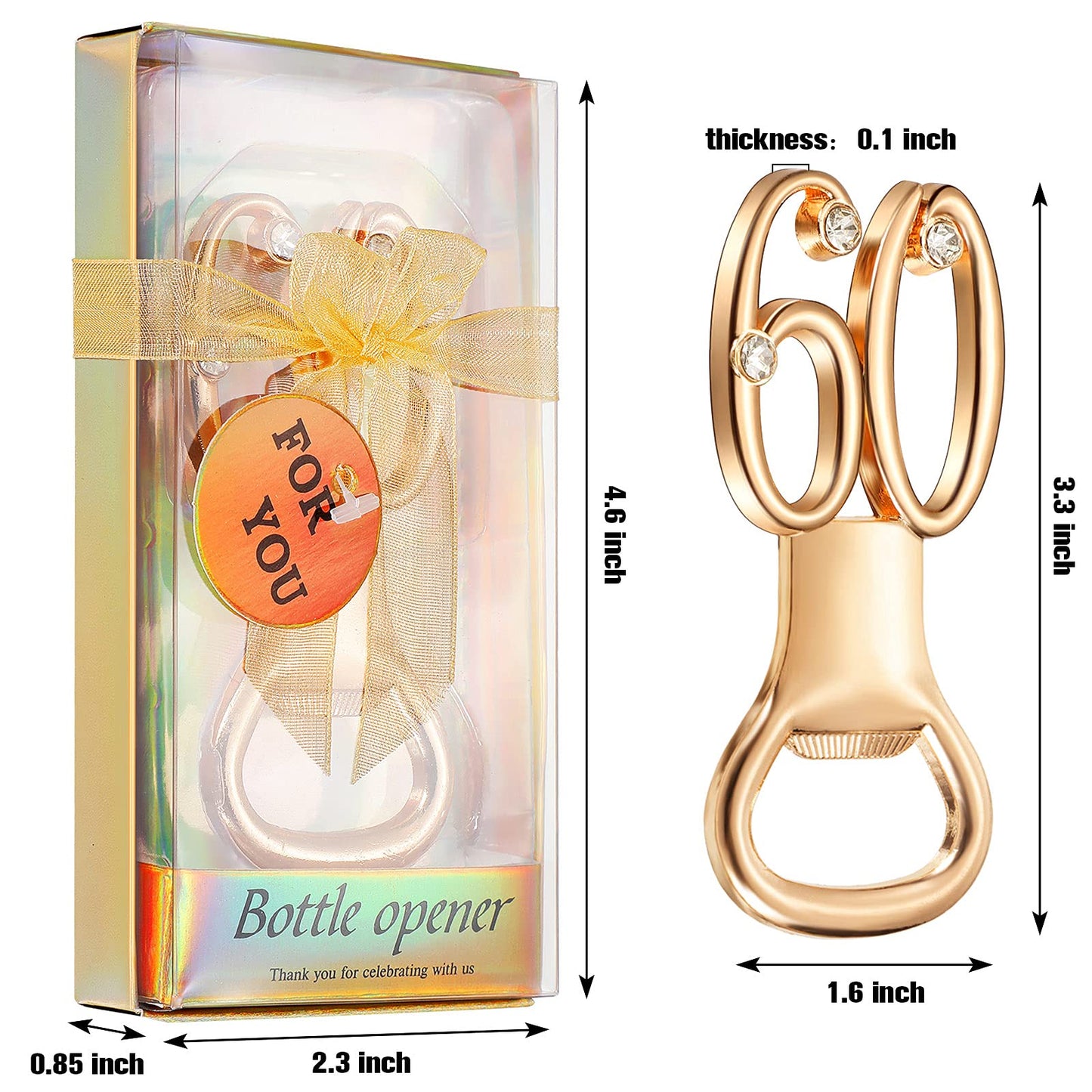 Boao 50 Pcs Birthday Bottle Opener Party Favors Rhinestones Birthday Souvenirs Wedding Anniversary for Guests Beer Opener Party Favors Decoration(Gold,60th Style)