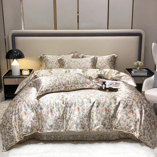 TodaFre Beige Satin Duvet Cover Queen Size, Cooling Breathable Bedding Set for Hot Sleepers - 1 Floral Patterned Duvet Cover 90x90 Inches with Zipper Closure, 2 Pillowcases