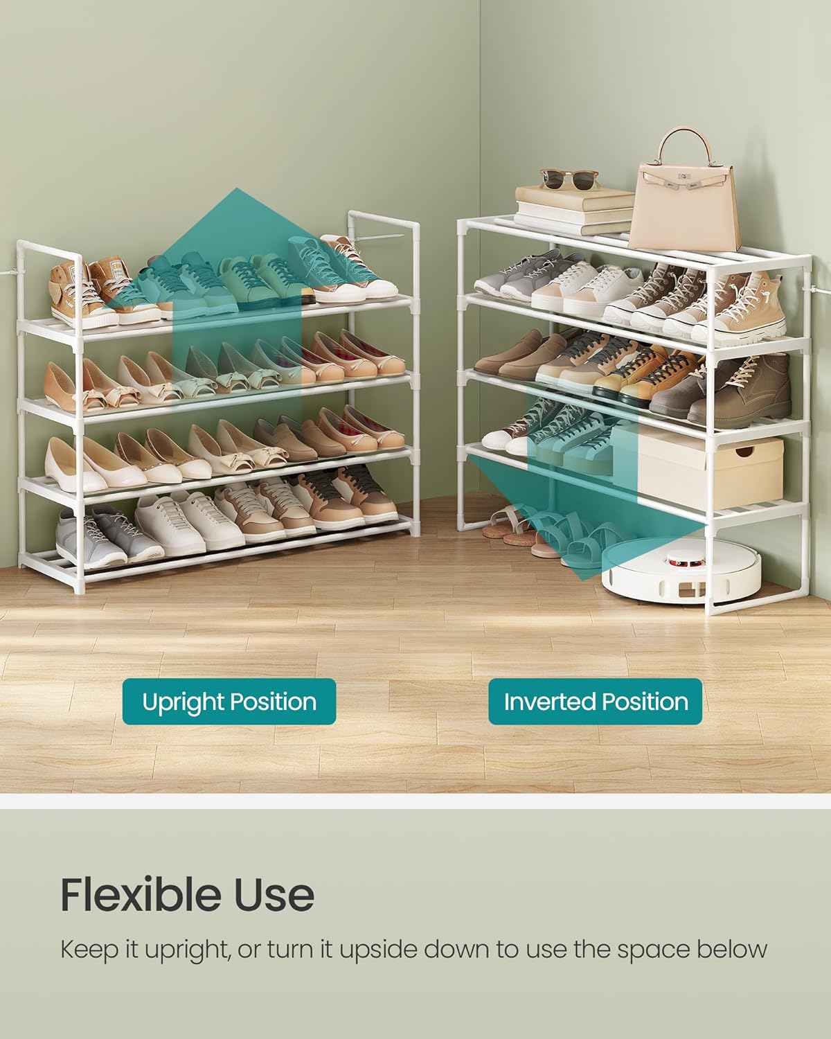 SONGMICS 4-Tier Shoe Rack - Stackable Metal Organizer for 20-25 Pairs | Pearl White, 11.8 x 36.2 x 29.1 Inches