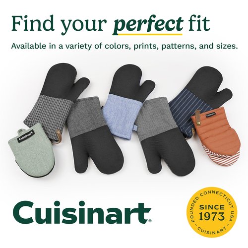 Cuisinart Mini Oven Mitts – 5.5” x 8” Heat-Resistant Kitchen Mitts for Oven with Non-Slip Printed Silicone, Cotton Filling, and Faux Leather Loop – Durable Oven Mitt Set for Cooking & Baking