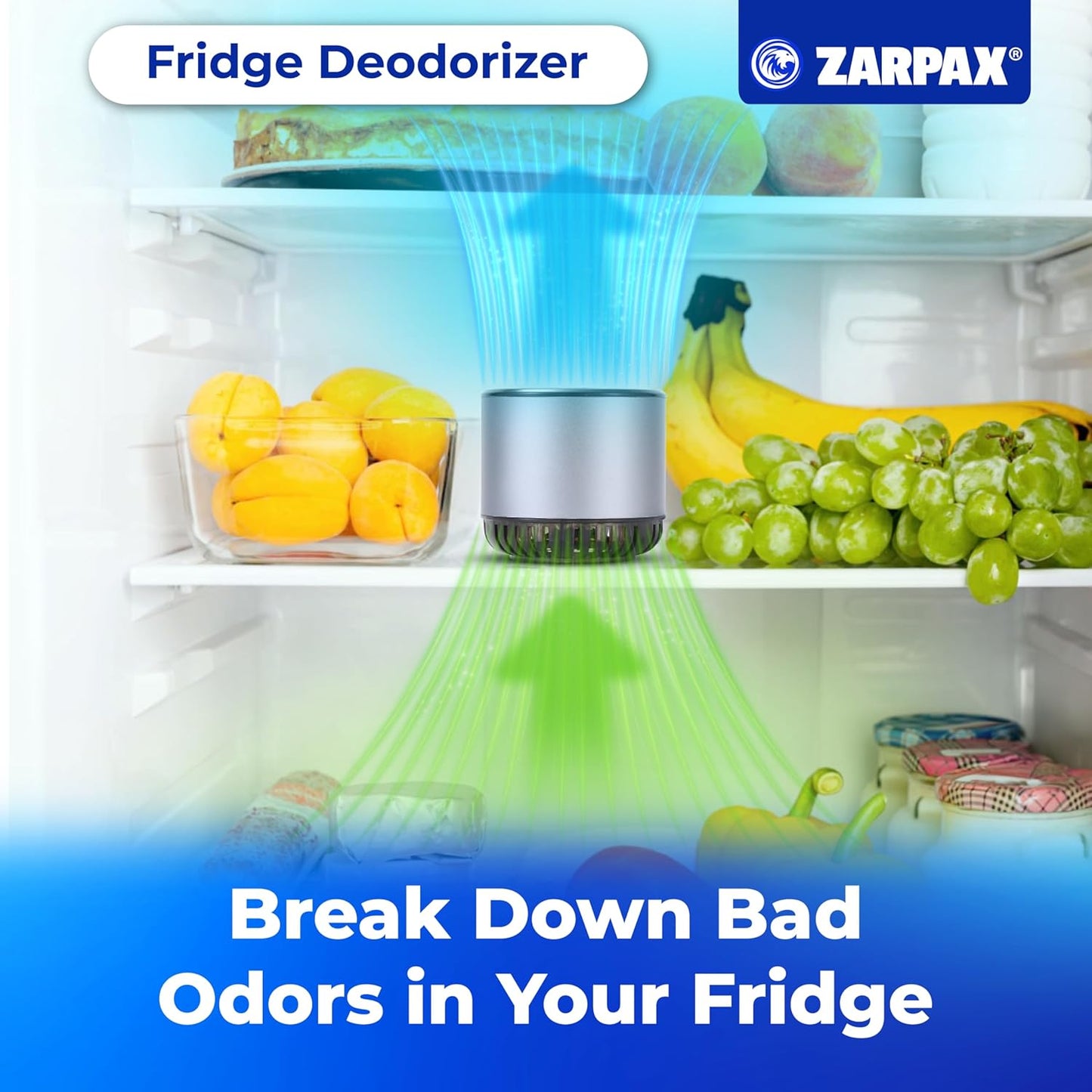 ZARPAX Refrigerator Deodorizer | Long-Lasting 10-Year Odor Eliminator - 18ft³ Capacity Air Purifier