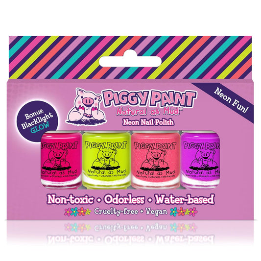 Piggy Paint Neon Nail Polish Set - 4 Vibrant Colors with Bonus Blacklight Glow Feature