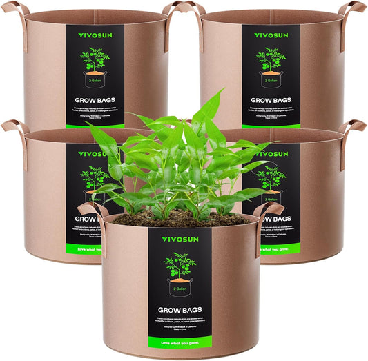 VIVOSUN Grow Bags - Heavy Duty 2 Gallon Nonwoven Fabric Pots with Strap Handles | 5-Pack in Tan