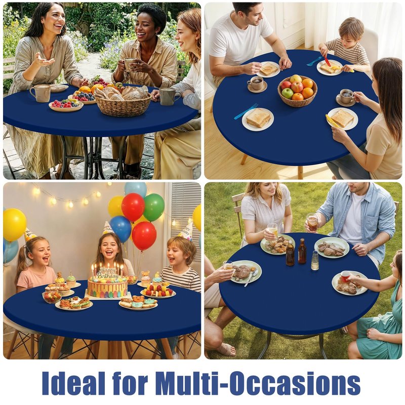 Moosfor Round Spandex Tablecloth, Elastic Fitted Waterproof Tablecloths for 45"-56" Tables, Stretch Washable Picnic Table Cover for Camping, Dining, Indoor and Outdoor, Navy