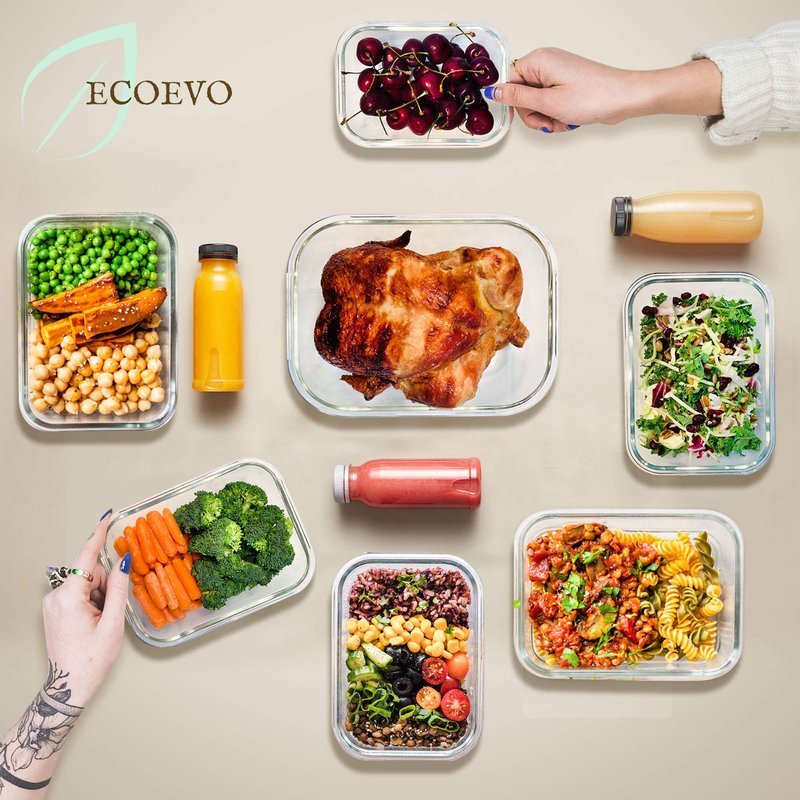 EcoEvo Glass Food Storage Containers Set, Large Size Containers with Lids, BPA-free Locking lids, 100% Leak Proof Glass Meal Prep Containers, Freezer to Oven Safe (2 Pack of 52oz)