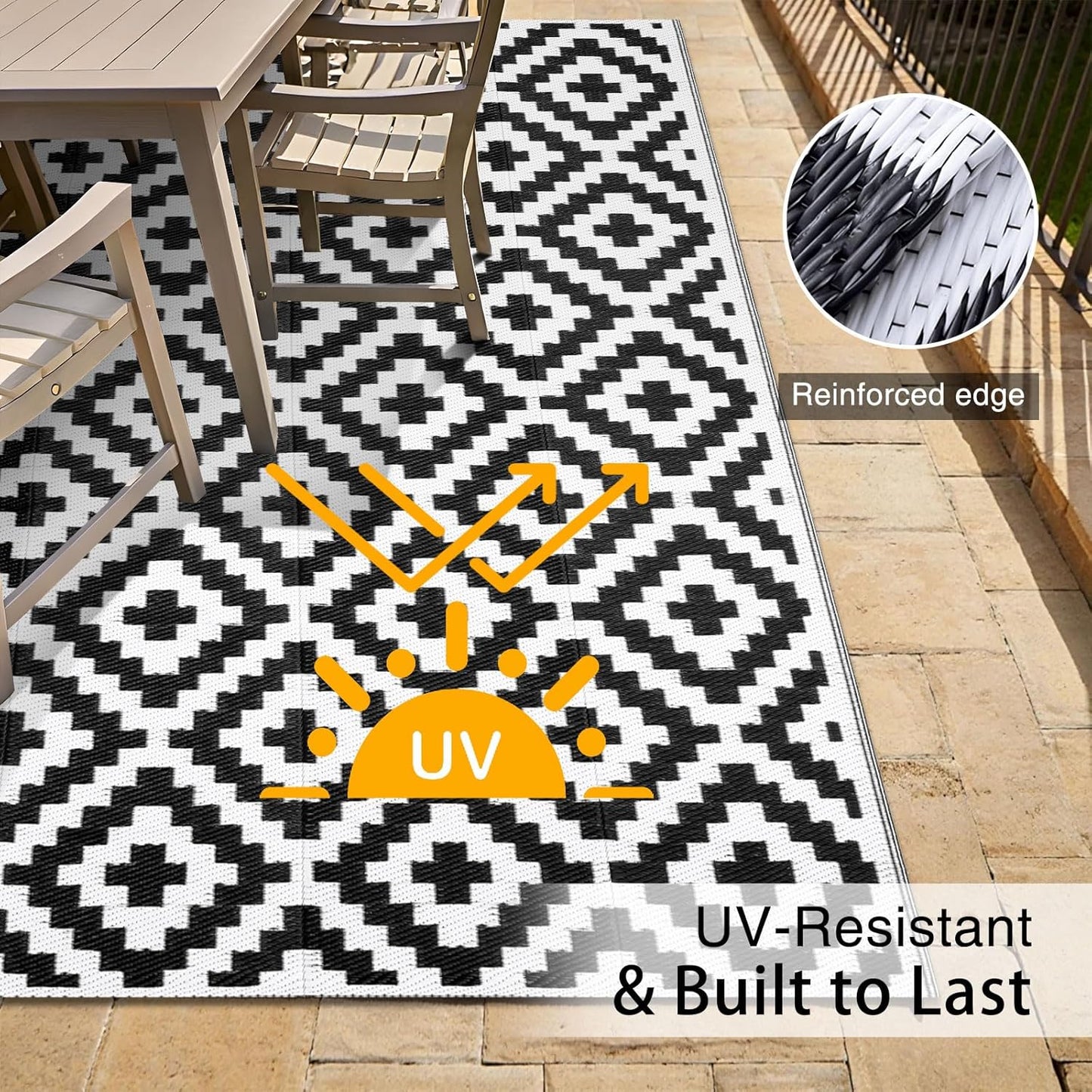 OLANLY Waterproof Outdoor Rug - Versatile 5x8 ft Plastic Straw Mat for Camping & Porch | Black & White