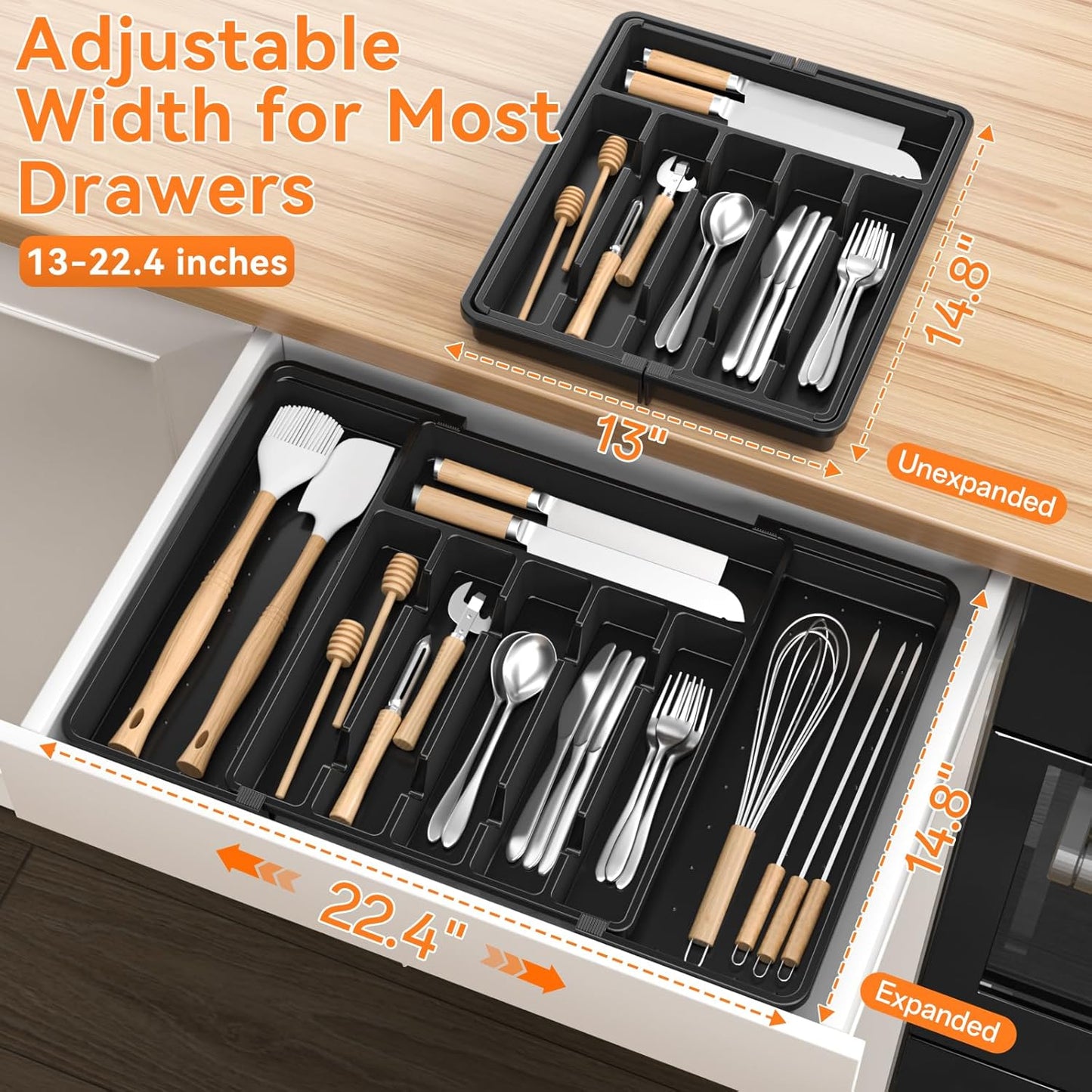 RoomHacks Large Expandable Silverware Organizer - Adjustable BPA-Free Utensil Holder for Kitchen, Black (6-8 Slots)
