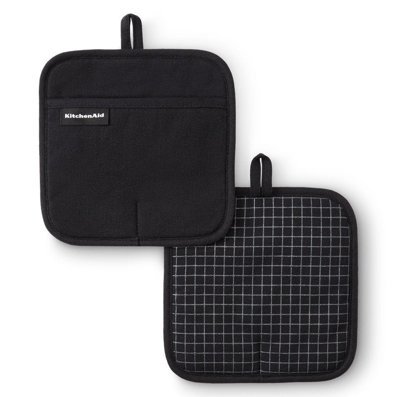 KITCHENAID Gourmet Series Gridlines Pot Holders 2-Pack Set, Heat Resistant up to 600°F, Soft Silicone Grip, Magnetic Cuff, Matte Black, 8"x8"