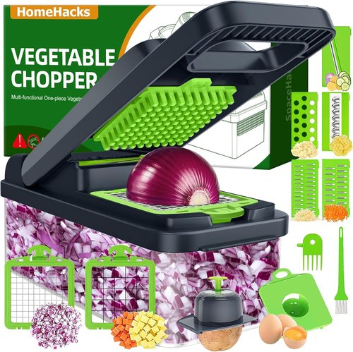 HomeHacks Vegetable Chopper - 12-in-1 Multi-Functional Kitchen Gadget for Dicing, Slicing & Grating | Green