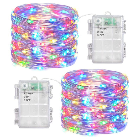 Fairy Lights Battery Operated String Lights 2 Pack 100 LED Waterproof Copper Wire Twinkle Christmas Light with Timer Outdoor Light for Wedding Party Indoor DIY Decor (Multi-Colored)